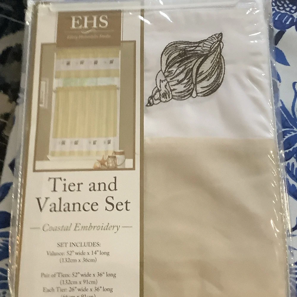 Coastal Embroidery Tier and Valance Set -‎ Cream and White